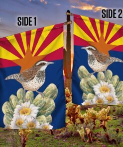 arizona flag cactus wren and saguaro cactus blossom bnn475f 3366