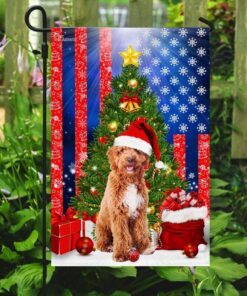 goldendoodle. merry christmas american flag 3026