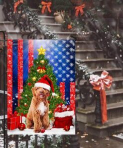 goldendoodle. merry christmas american flag 4595