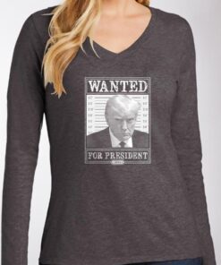 Trump 2024 Wanted Ladies V-Neck Long Sleeve T-Shirt