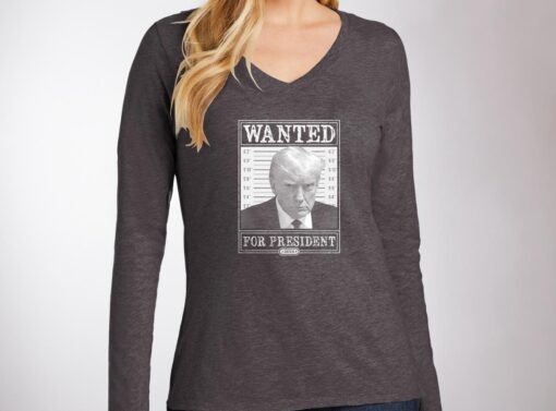 Trump 2024 Wanted Ladies V-Neck Long Sleeve T-Shirt