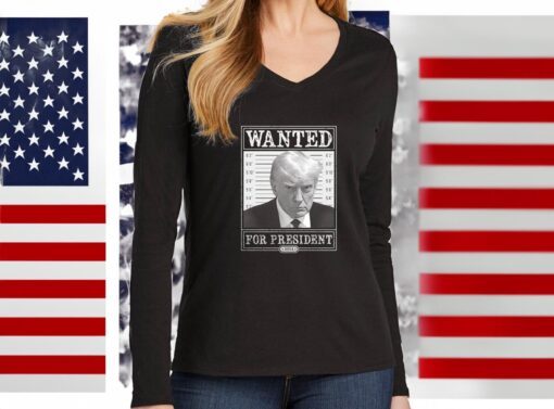 Trump Wanted Ladies V-Neck Long Sleeve Shirt