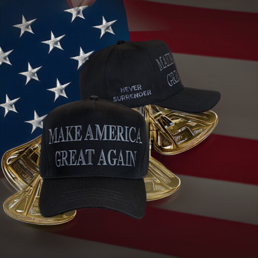 TRUMP NEVER SURRENDER BLACK MAGA Trucker Hat